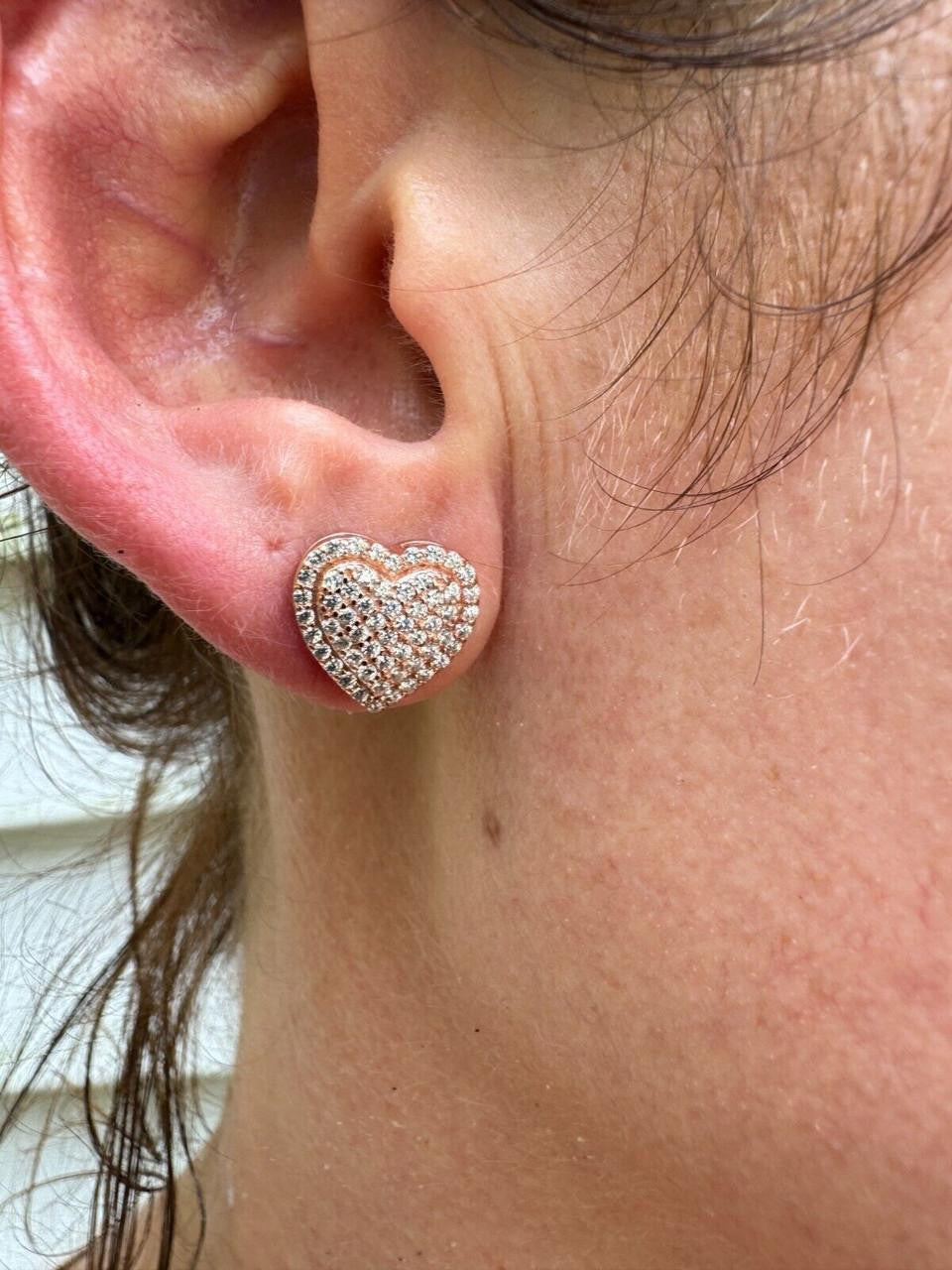 HarlemBling 3D Heart Classic Iced Out Earrings - 14k Rose Gold Vermeil 925 Silver - CZ Stones - 10.5mm