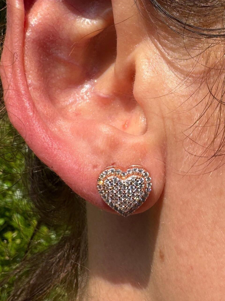 HarlemBling 3D Heart Classic Iced Out Earrings - 14k Rose Gold Vermeil 925 Silver - CZ Stones - 10.5mm