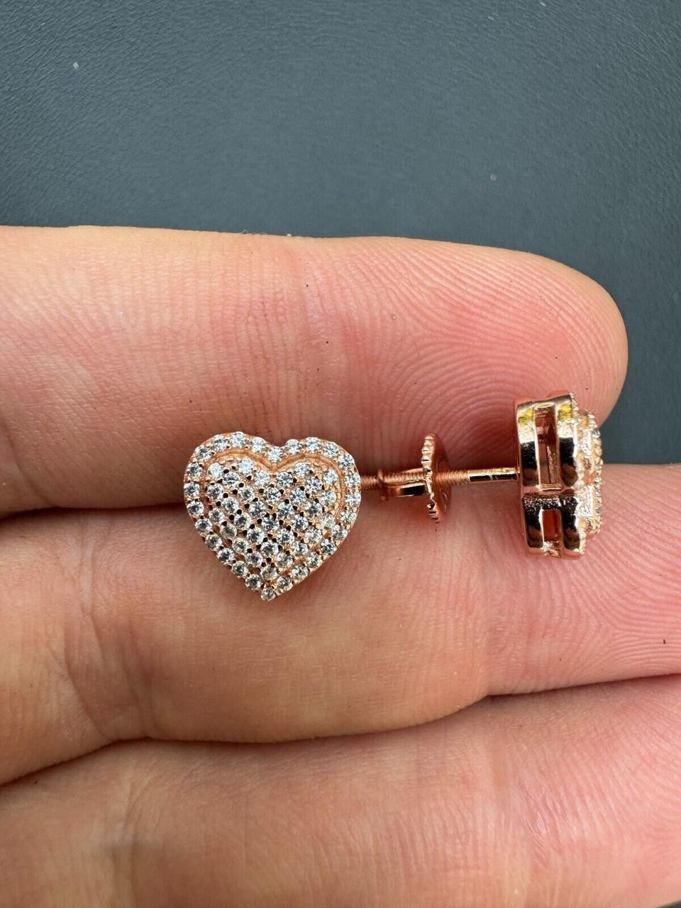 HarlemBling 3D Heart Classic Iced Out Earrings - 14k Rose Gold Vermeil 925 Silver - CZ Stones - 10.5mm