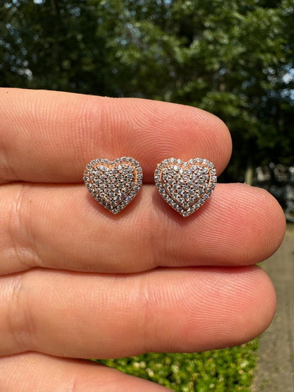 HarlemBling 3D Heart Classic Iced Out Earrings - 14k Rose Gold Vermeil 925 Silver - CZ Stones - 10.5mm