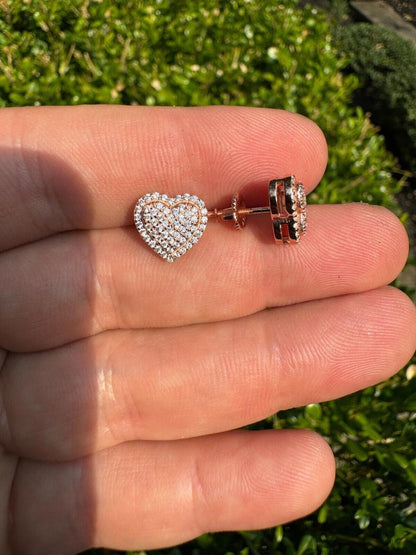 HarlemBling 3D Heart Classic Iced Out Earrings - 14k Rose Gold Vermeil 925 Silver - CZ Stones - 10.5mm