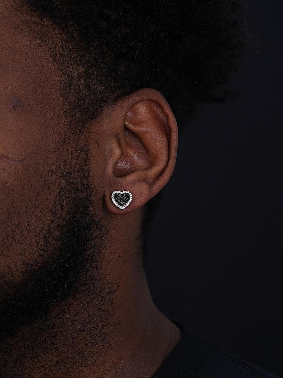 HarlemBling 3D Heart Classic Iced Out Earrings - 925 Silver - Black CZ Stones - 10.5mm