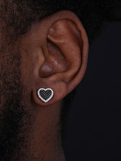 HarlemBling 3D Heart Classic Iced Out Earrings - 925 Silver - Black CZ Stones - 10.5mm