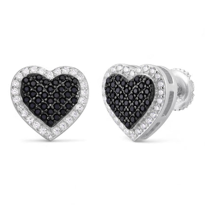 HarlemBling 3D Heart Classic Iced Out Earrings - 925 Silver - Black CZ Stones - 10.5mm