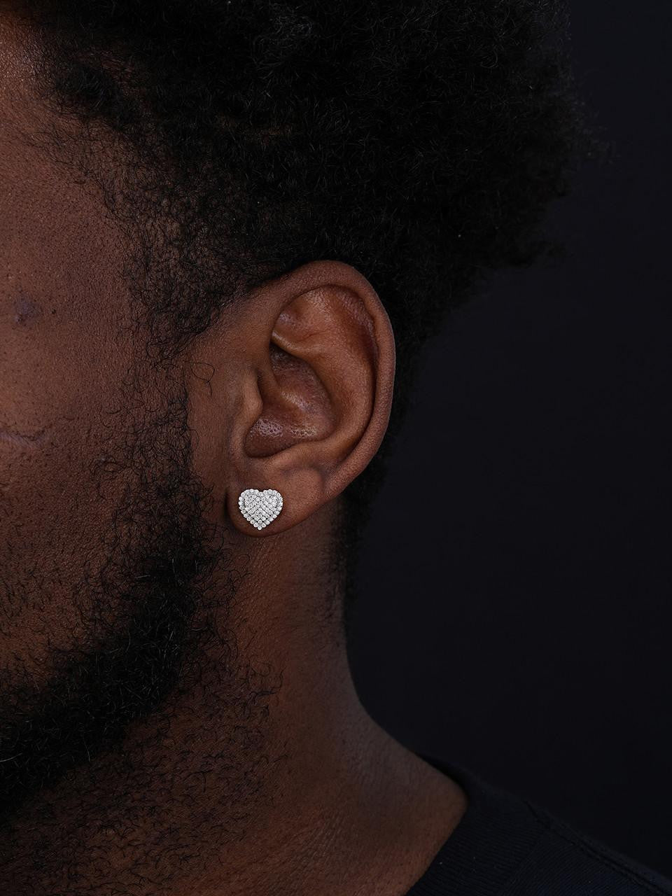 Solid 925 Sterling Silver Iced Heart Stud Earrings Men's Solid 925 Sterling Silver Iced Heart Stud Earrings Men's