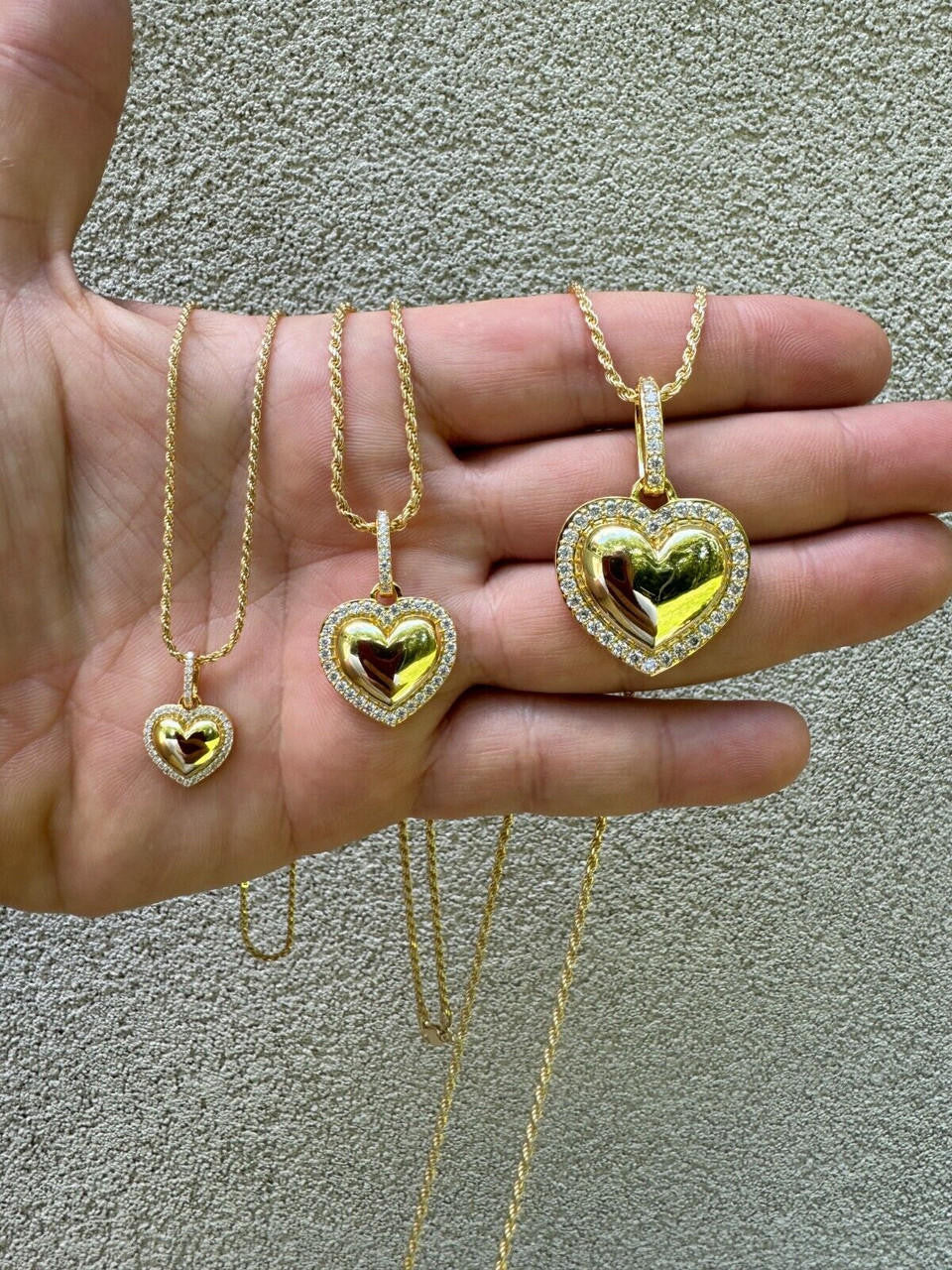 HarlemBling 3D Heart Shaped Pendant Iced MOISSANITE 14k Gold Over 925 Silver Necklace 3 Sizes