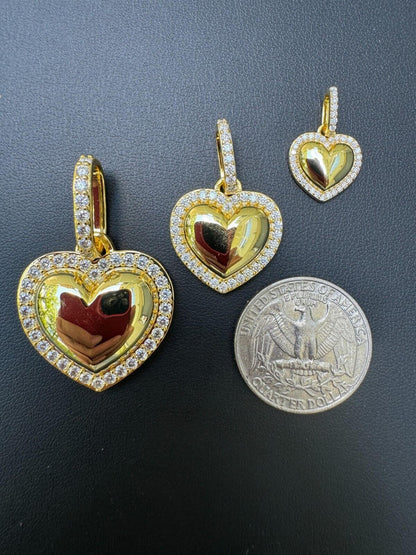 HarlemBling 3D Heart Shaped Pendant Iced MOISSANITE 14k Gold Over 925 Silver Necklace 3 Sizes