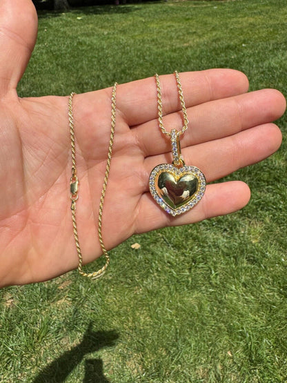 HarlemBling 3D Heart Shaped Pendant Iced MOISSANITE 14k Gold Over 925 Silver Necklace 3 Sizes