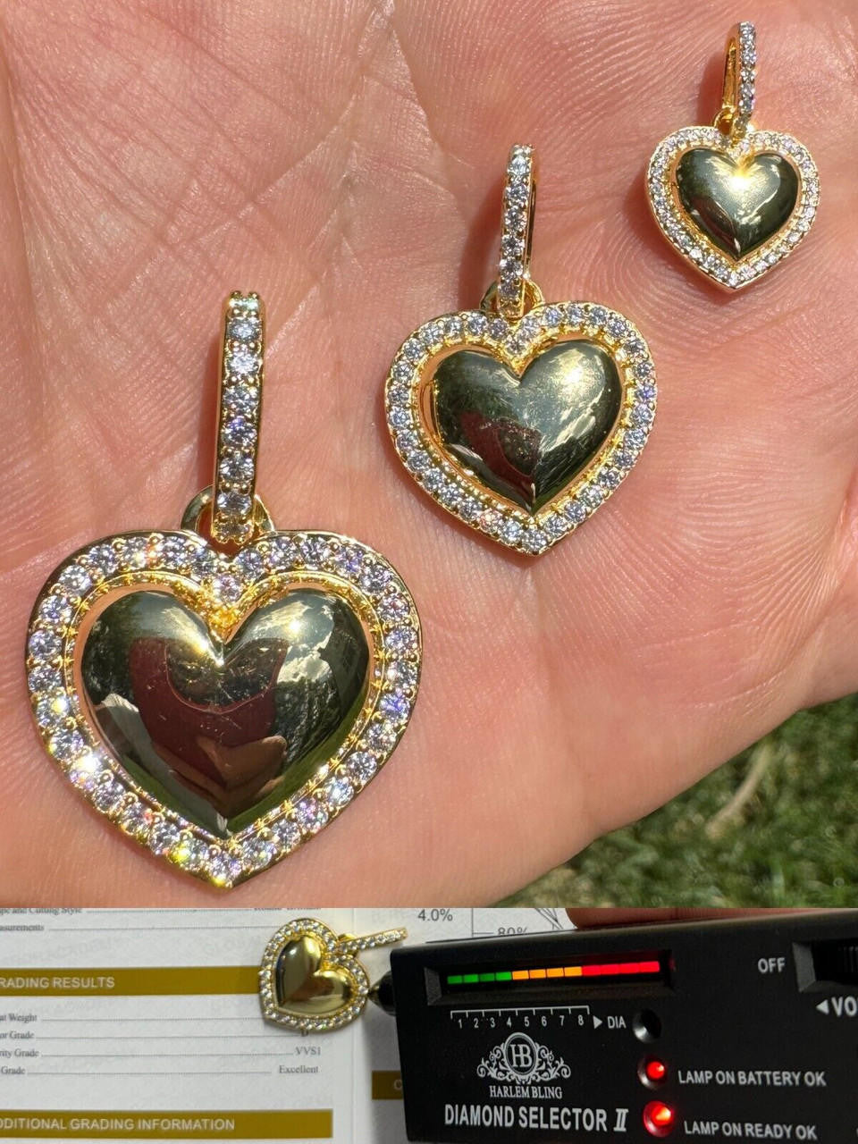 HarlemBling 3D Heart Shaped Pendant Iced MOISSANITE 14k Gold Over 925 Silver Necklace 3 Sizes