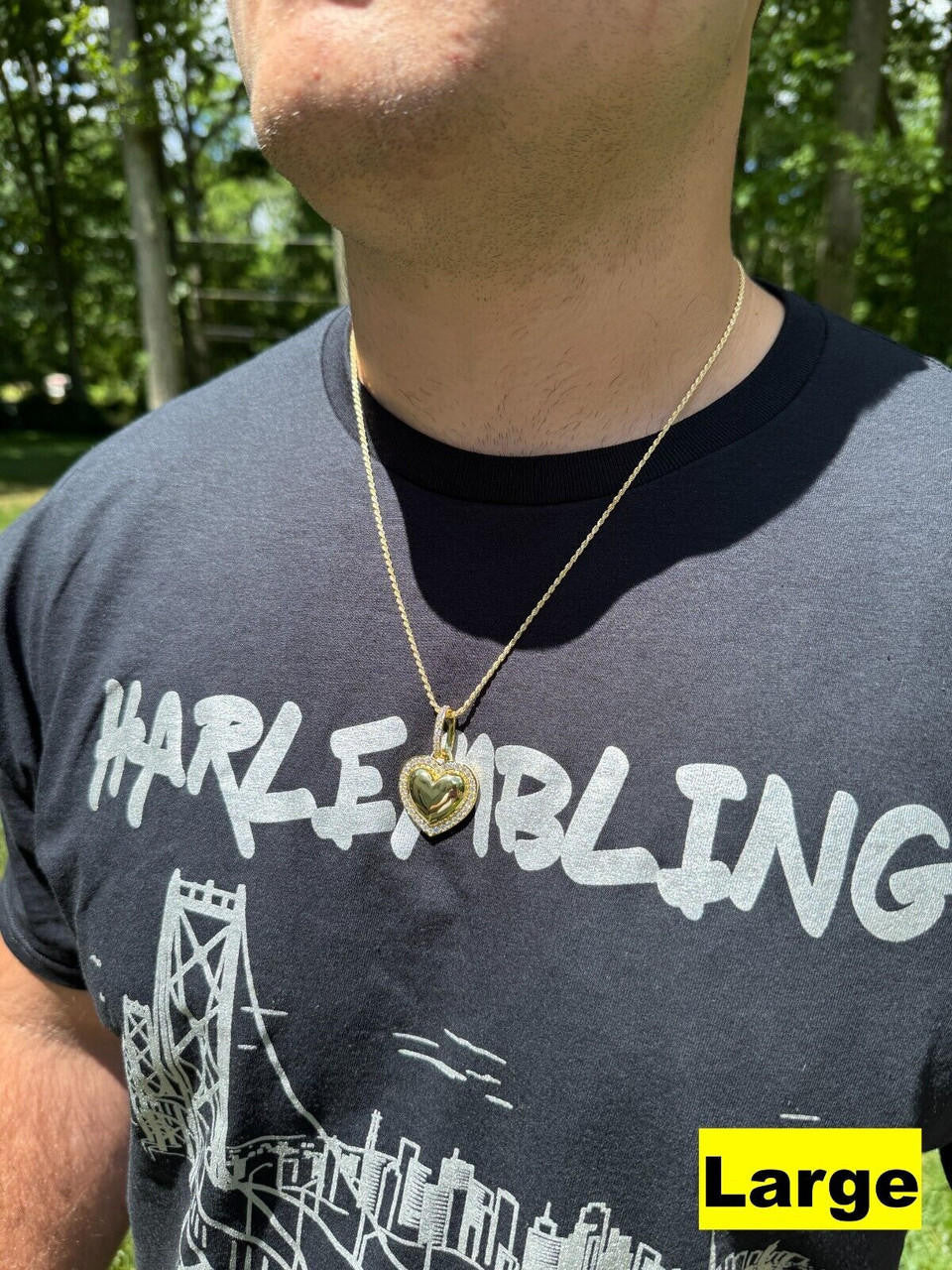 HarlemBling 3D Heart Shaped Pendant Iced MOISSANITE 14k Gold Over 925 Silver Necklace 3 Sizes