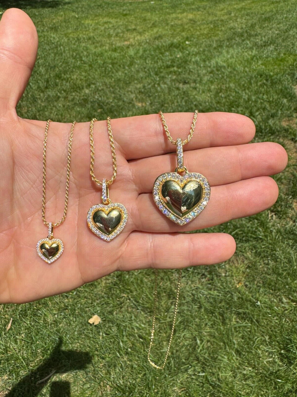 HarlemBling 3D Heart Shaped Pendant Iced MOISSANITE 14k Gold Over 925 Silver Necklace 3 Sizes