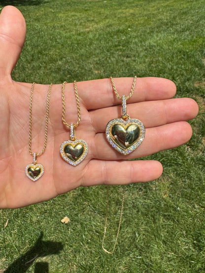 HarlemBling 3D Heart Shaped Pendant Iced MOISSANITE 14k Gold Over 925 Silver Necklace 3 Sizes