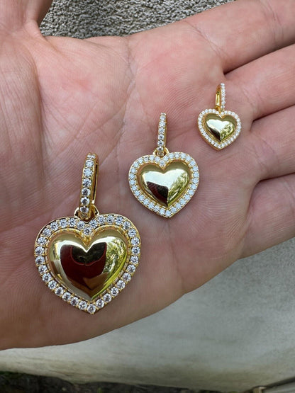 HarlemBling 3D Heart Shaped Pendant Iced MOISSANITE 14k Gold Over 925 Silver Necklace 3 Sizes