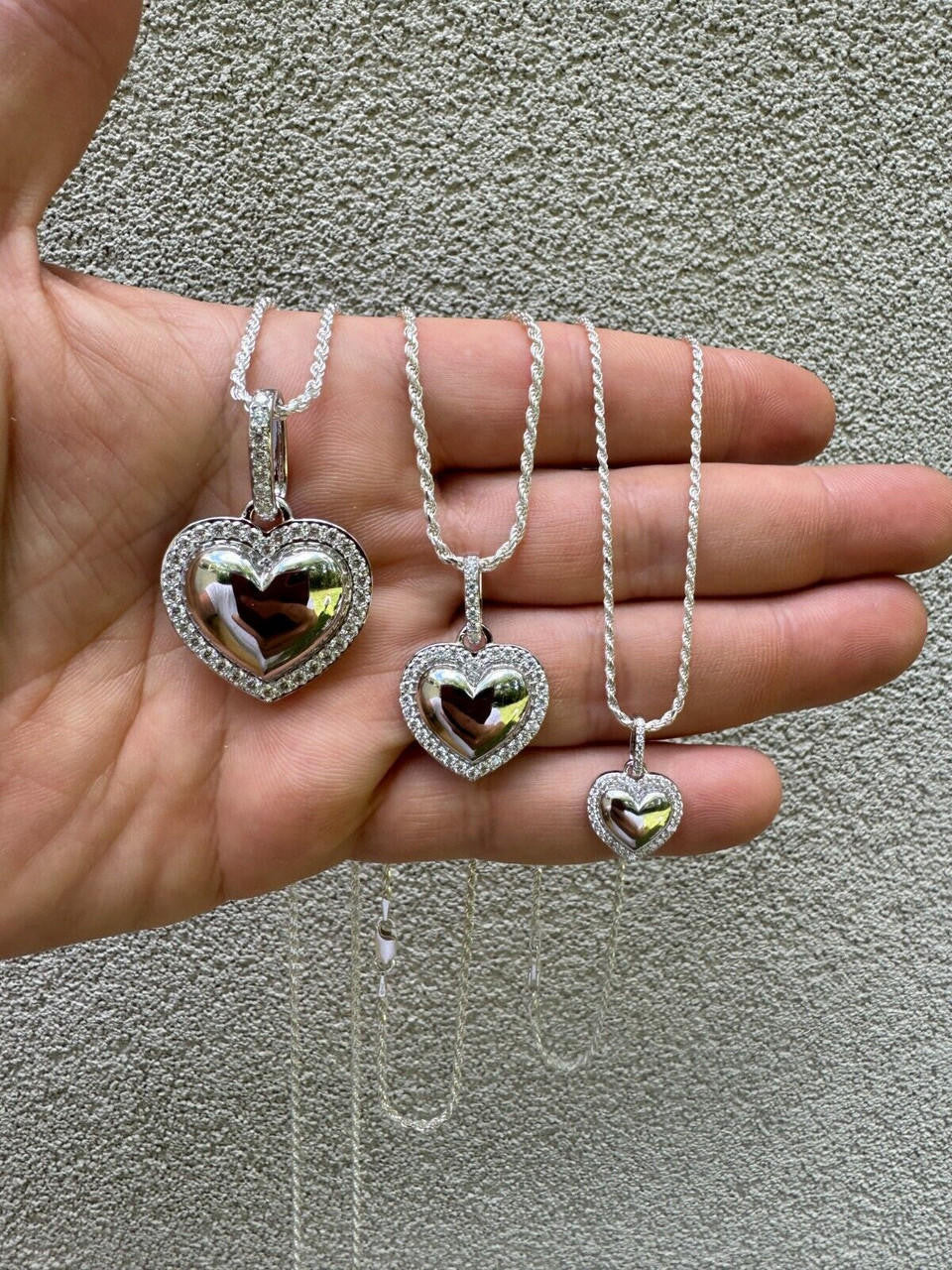 HarlemBling 3D Heart Shaped Pendant Iced MOISSANITE Real 925 Silver Necklace - 3 Sizes