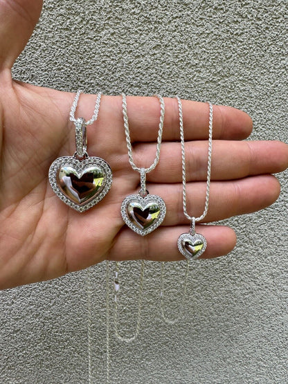 HarlemBling 3D Heart Shaped Pendant Iced MOISSANITE Real 925 Silver Necklace - 3 Sizes
