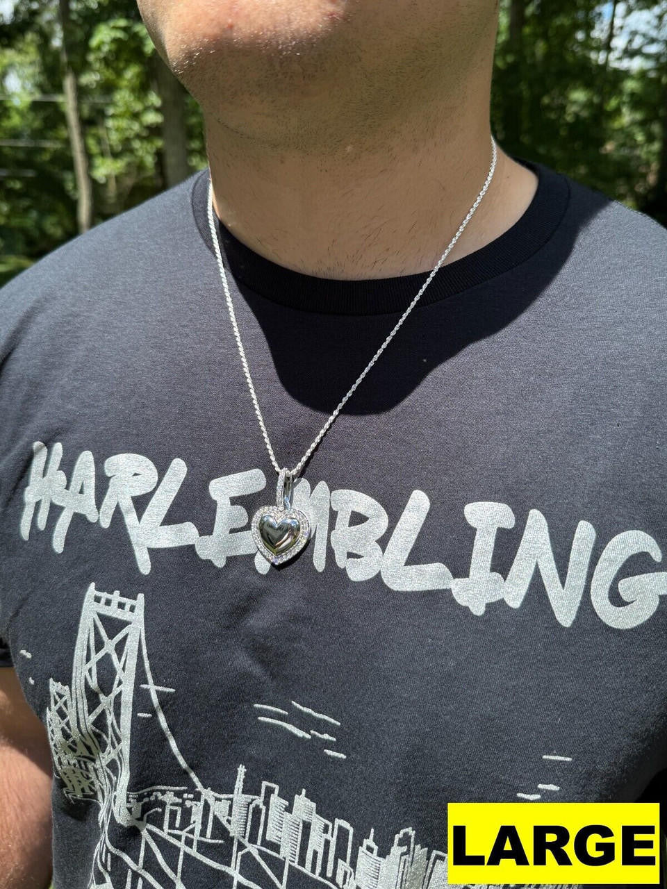 HarlemBling 3D Heart Shaped Pendant Iced MOISSANITE Real 925 Silver Necklace - 3 Sizes