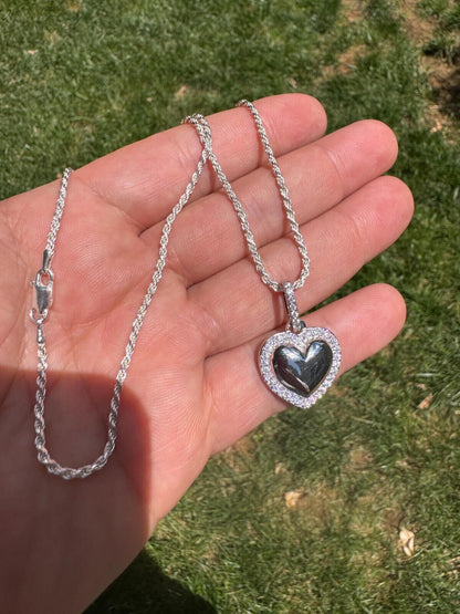HarlemBling 3D Heart Shaped Pendant Iced MOISSANITE Real 925 Silver Necklace - 3 Sizes