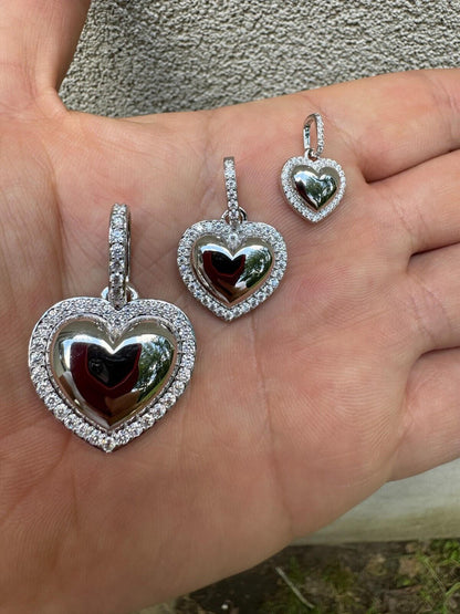 HarlemBling 3D Heart Shaped Pendant Iced MOISSANITE Real 925 Silver Necklace - 3 Sizes