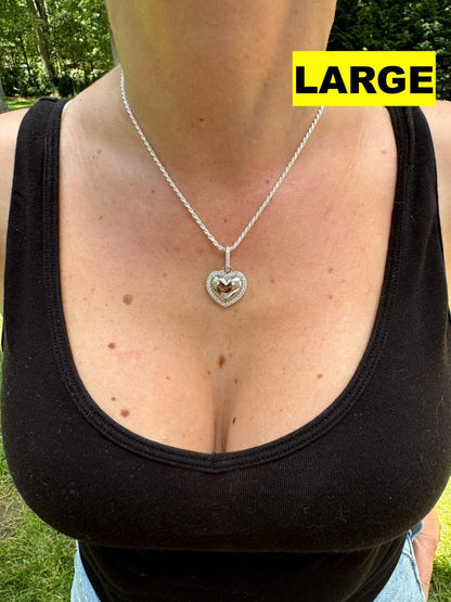 HarlemBling 3D Heart Shaped Pendant Iced MOISSANITE Real 925 Silver Necklace - 3 Sizes
