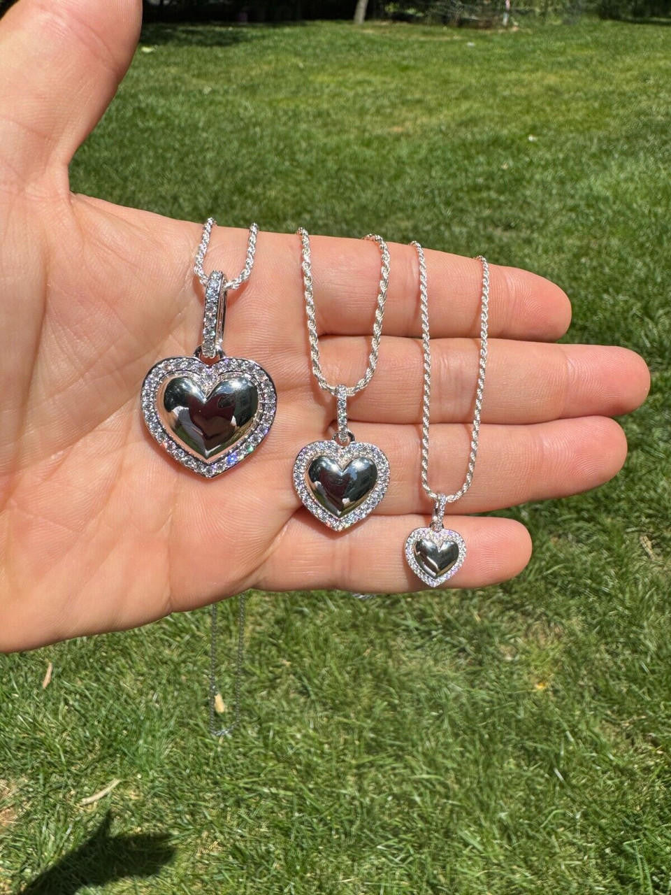 HarlemBling 3D Heart Shaped Pendant Iced MOISSANITE Real 925 Silver Necklace - 3 Sizes