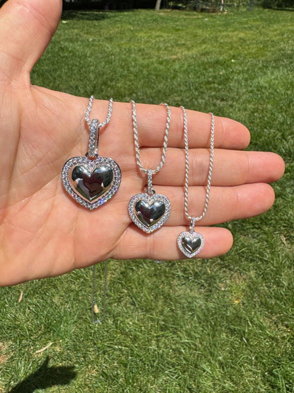 HarlemBling 3D Heart Shaped Pendant Iced MOISSANITE Real 925 Silver Necklace - 3 Sizes