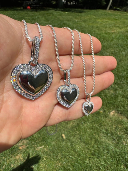 HarlemBling 3D Heart Shaped Pendant Iced MOISSANITE Real 925 Silver Necklace - 3 Sizes