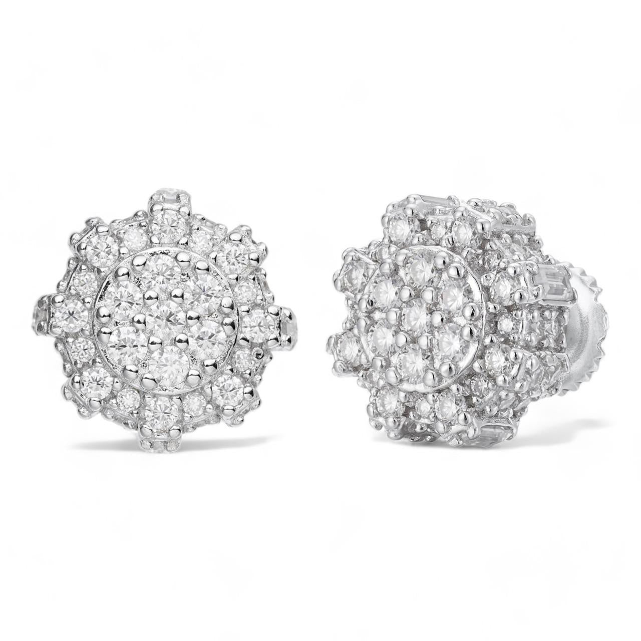 HarlemBling 3D Round Cluster Iced Out Earrings - 925 Silver - CZ Stones - 11mm