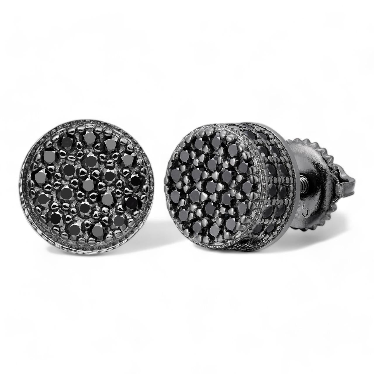 HarlemBling 3D Round Iced Out Earrings - Black Rhodium Over 925 Silver - Black CZ Stones - 8.5mm