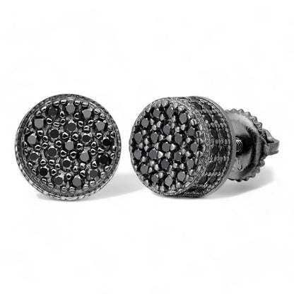 HarlemBling 3D Round Iced Out Earrings - Black Rhodium Over 925 Silver - Black CZ Stones - 8.5mm