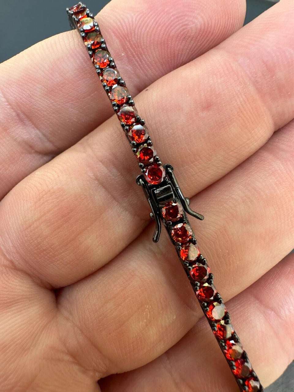 3mm Deep Red CZ Tennis Bracelet Real Iced 925 Sterling Silver Mens
