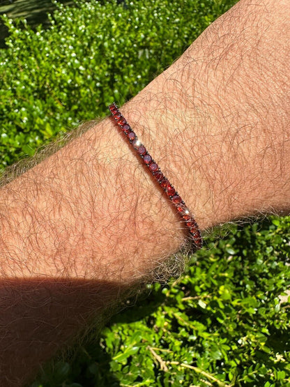 HarlemBling 3mm Deep Red CZ Tennis Bracelet Real Iced 925 Sterling Silver Mens Ladies 6-8.5"