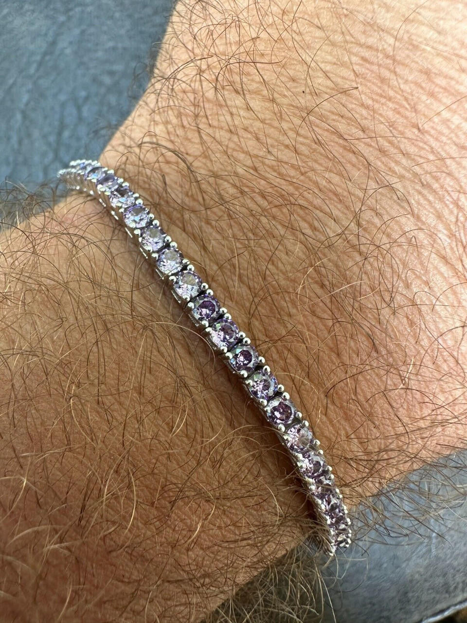 3mm Purple CZ Tennis Bracelet Real Iced 925 Sterling Silver Mens
