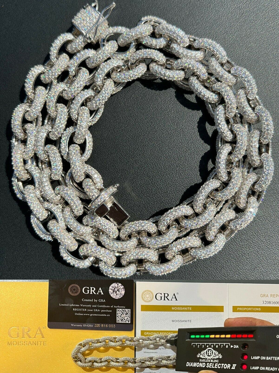HarlemBling 40-67ct VVS MOISSANITE Iced Silver Rolo Link Chain 12mm Thick Pass Diamond Test