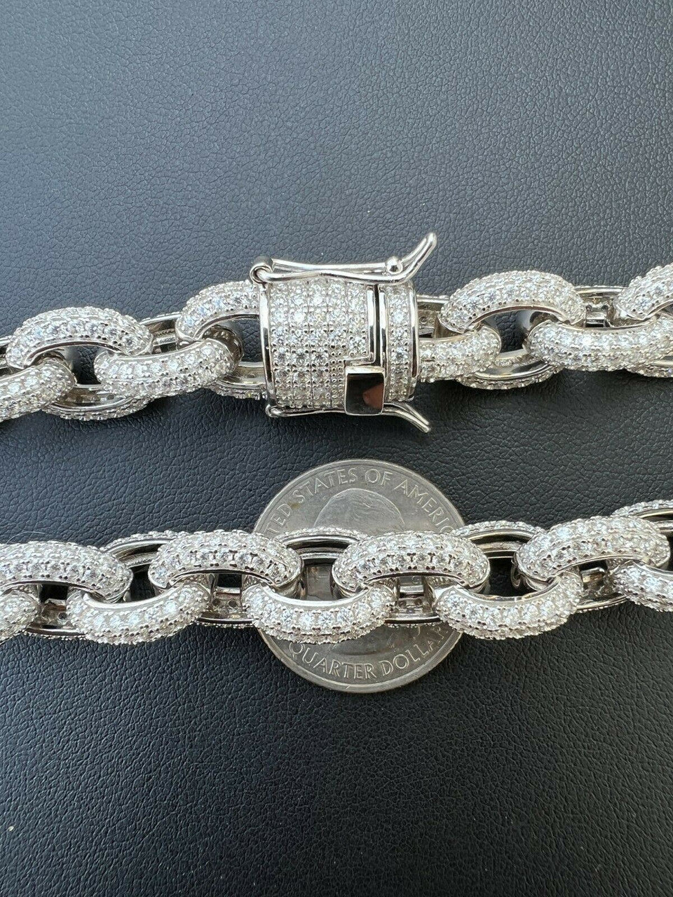 HarlemBling 40-67ct VVS MOISSANITE Iced Silver Rolo Link Chain 12mm Thick Pass Diamond Test
