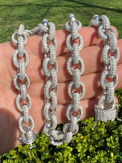 HarlemBling 40-67ct VVS MOISSANITE Iced Silver Rolo Link Chain 12mm Thick Pass Diamond Test