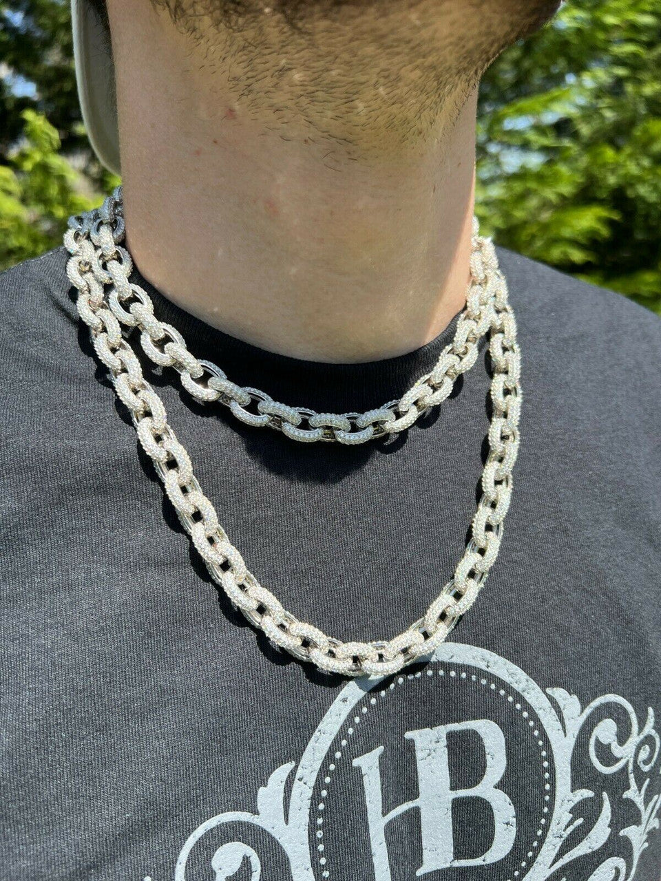 HarlemBling 40-67ct VVS MOISSANITE Iced Silver Rolo Link Chain 12mm Thick Pass Diamond Test