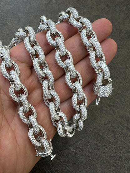 HarlemBling 40-67ct VVS MOISSANITE Iced Silver Rolo Link Chain 12mm Thick Pass Diamond Test