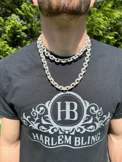HarlemBling 40-67ct VVS MOISSANITE Iced Silver Rolo Link Chain 12mm Thick Pass Diamond Test