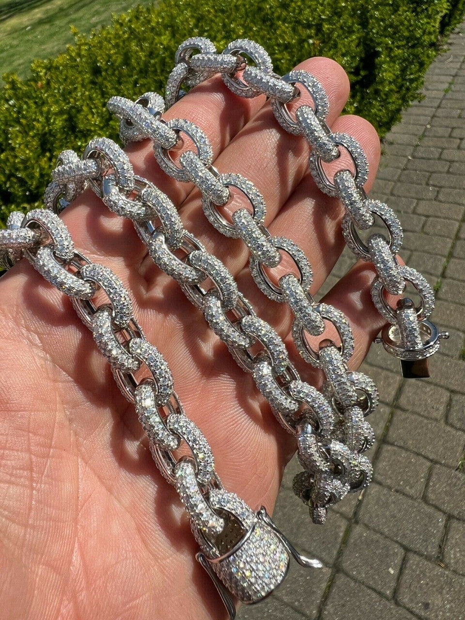 HarlemBling 40-67ct VVS MOISSANITE Iced Silver Rolo Link Chain 12mm Thick Pass Diamond Test