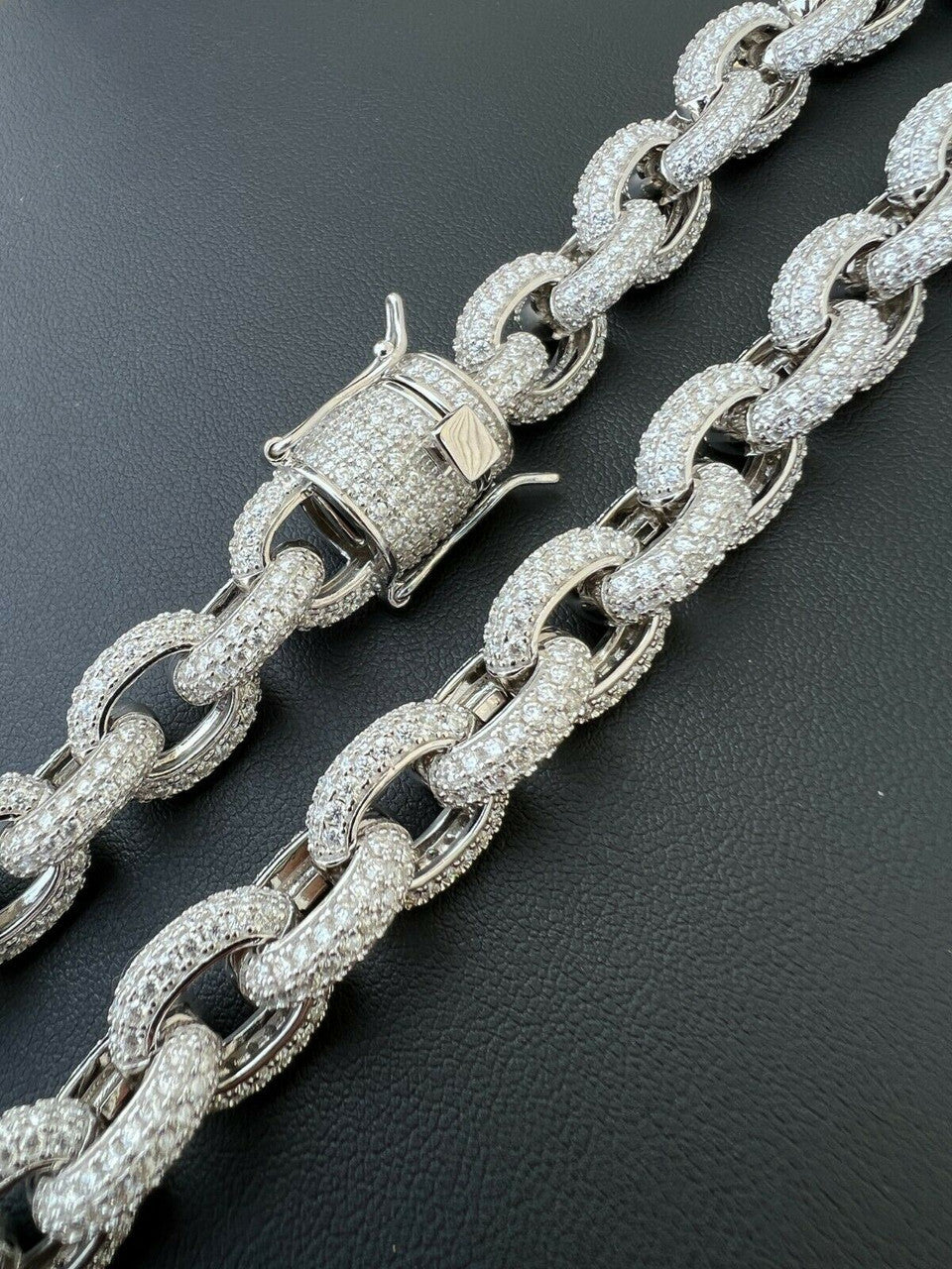HarlemBling 40-67ct VVS MOISSANITE Iced Silver Rolo Link Chain 12mm Thick Pass Diamond Test