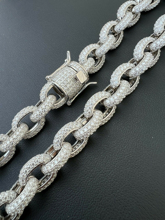 HarlemBling 40-67ct VVS MOISSANITE Iced Silver Rolo Link Chain 12mm Thick Pass Diamond Test