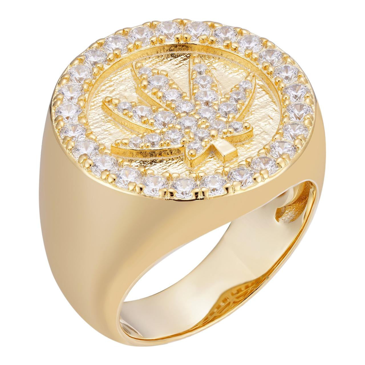 HarlemBling 420 Love Of The Plant Iced Out Ring - 14k Gold Vermeil 925 Silver - CZ Stones