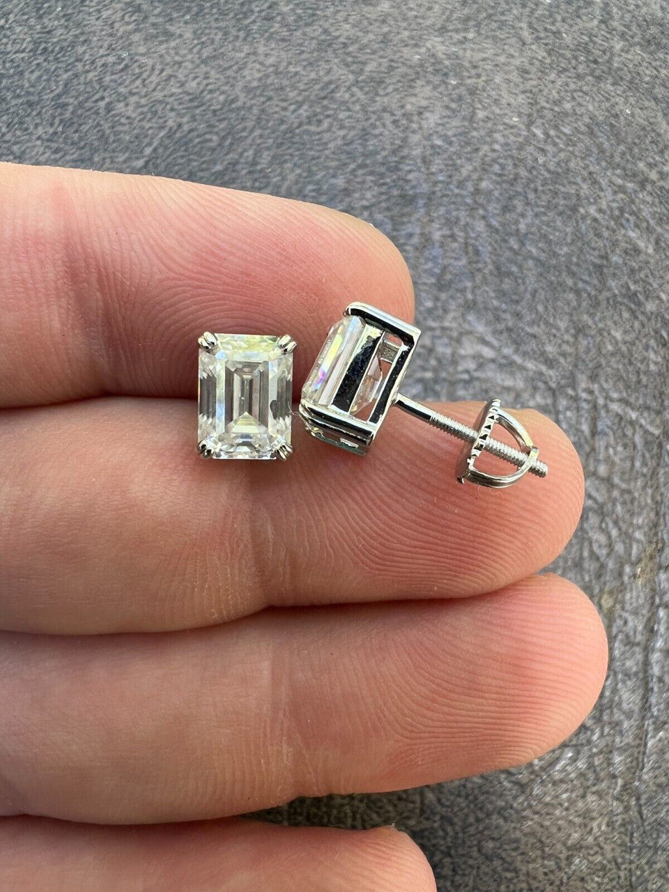 HarlemBling 4ct Emerald Cut Real Moissanite Screw Back Solitaire Stud Earrings 925 Silver