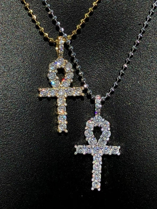 HarlemBling 4ct Man Diamonds Ankh Cross Tennis Solid 925 Sterling Silver 14k Gold / Rhodium