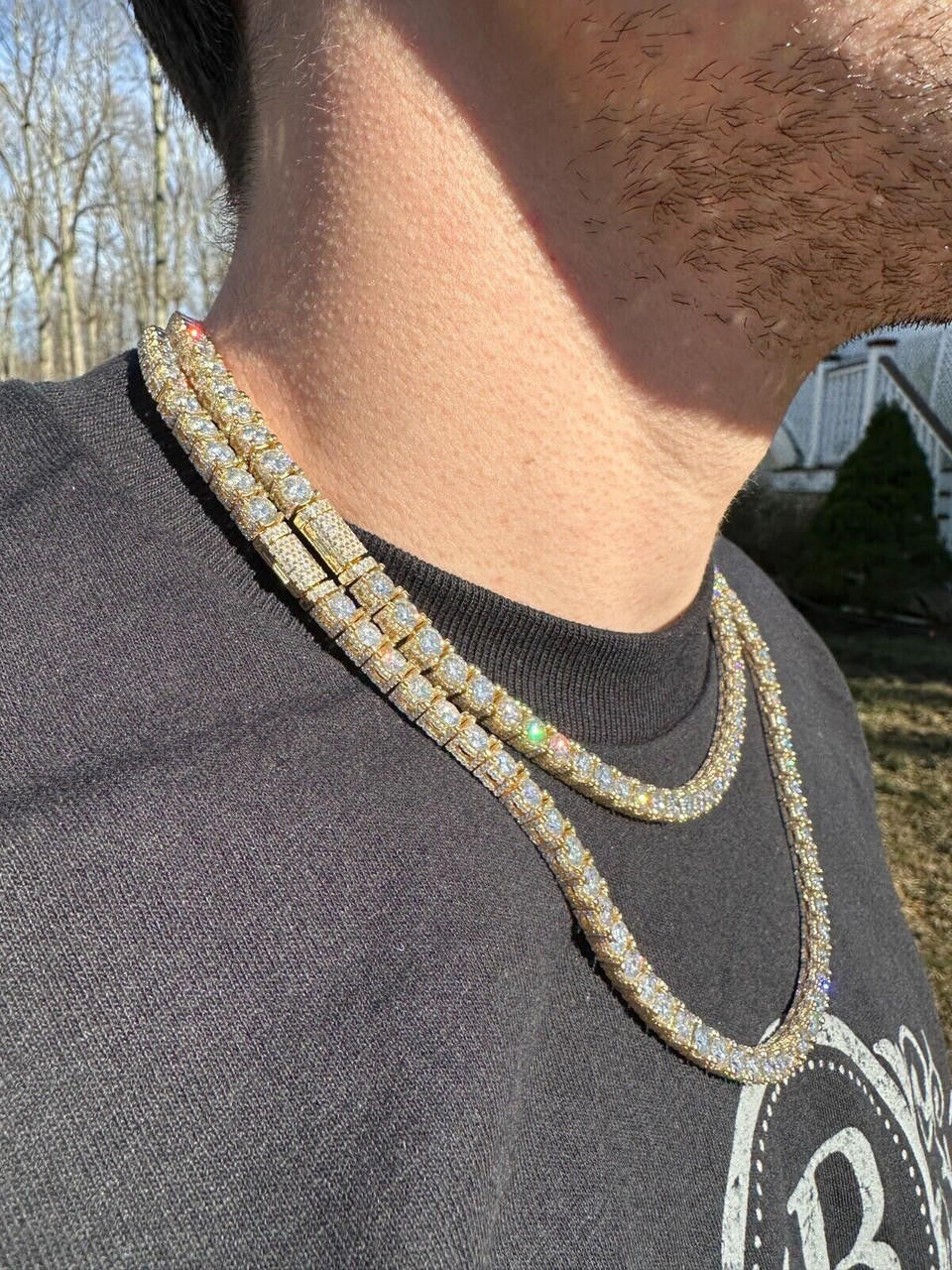 5mm MOISSANITE Tennis Chain Necklace 14k Gold Over 925 - Stones On