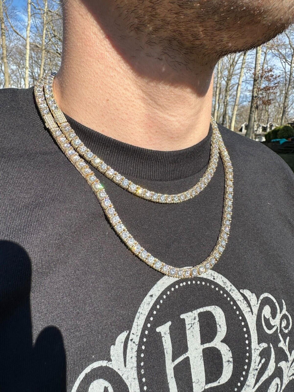 HarlemBling 5mm MOISSANITE Tennis Chain Necklace 14k Gold Over 925 - Stones On All Sides
