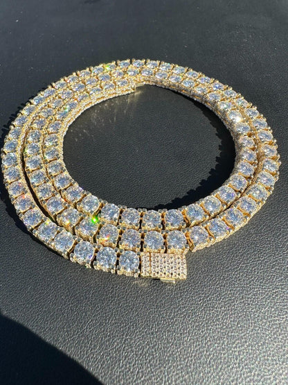 HarlemBling 5mm MOISSANITE Tennis Chain Necklace 14k Gold Over 925 - Stones On All Sides