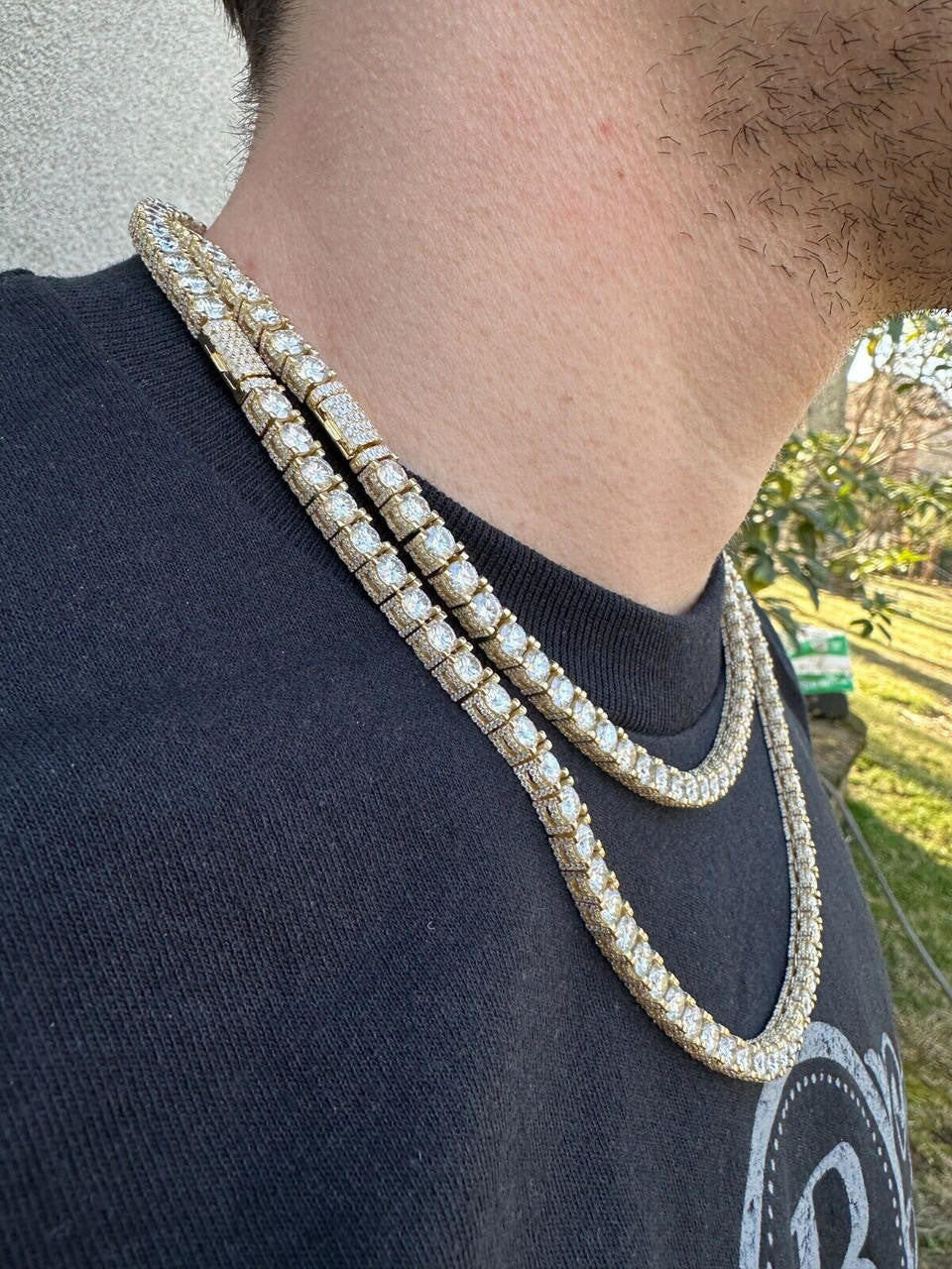 HarlemBling 5mm MOISSANITE Tennis Chain Necklace 14k Gold Over 925 - Stones On All Sides