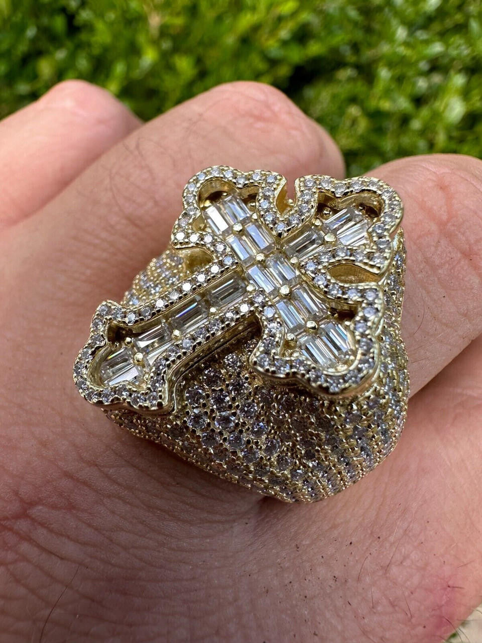 6.5ct MOISSANITE Iced Real Baguette Cross Shaped Ring 14k Gold