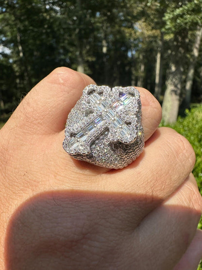 HarlemBling 6.5ct MOISSANITE Iced Real Baguette Cross Shaped Ring For Men Solid 925 Silver